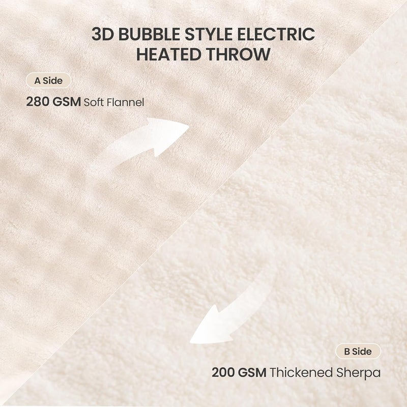 CURECURE Heated Throw Blanket 50"x72", Electric Blanket with 3D Bubble-Shaped, Soft Flannel and Thickened Sherpa Fleece, 6 Heat Settings, 1-4H Timer, Couch Heated Blanket, Machine Washable, Gift, White - Image 3